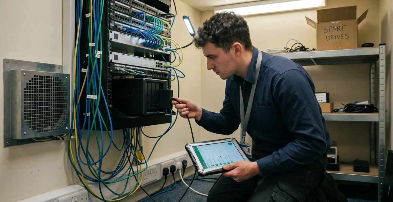 Ein IT-Techniker prüft in einem kleinen Serverraum eines Unternehmens die angeschlossene Backup-Festplatte an einem Netzwerkspeicher.