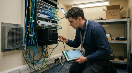 Ein IT-Techniker prüft in einem kleinen Serverraum eines Unternehmens die angeschlossene Backup-Festplatte an einem Netzwerkspeicher.