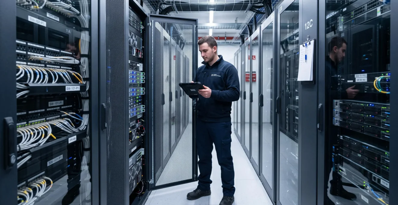 Techniker prüft bei einer Routinekontrolle die Statusanzeugen eines Serverschranks in einem modernen Schweizer Rechenzentrum.
