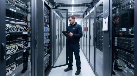 Techniker prüft bei einer Routinekontrolle die Statusanzeugen eines Serverschranks in einem modernen Schweizer Rechenzentrum.