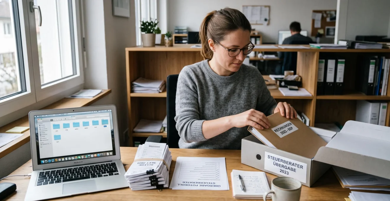 Mitarbeiterin ordnet Belege und Buchhaltungsunterlagen in einer Aktenbox, während auf dem Laptop ein strukturierter Datenexport vorbereitet wird.