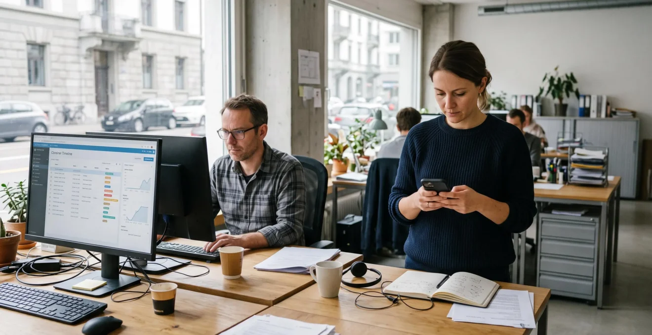 Mitarbeitende im Vertrieb erfassen nach einem Kundengespräch Informationen auf Smartphone und Desktop in einem geteilten Kundensystem.