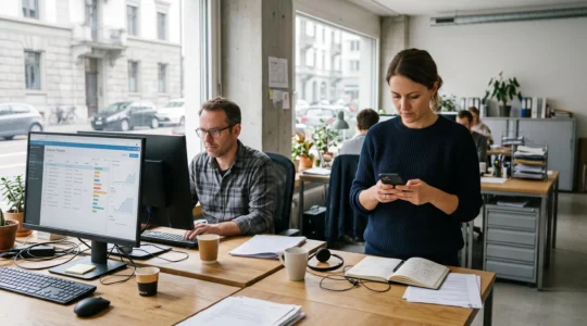 Mitarbeitende im Vertrieb erfassen nach einem Kundengespräch Informationen auf Smartphone und Desktop in einem geteilten Kundensystem.