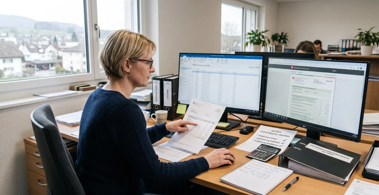 Eine Buchhaltungsmitarbeiterin vergleicht gedruckte Abstimmungsunterlagen mit den Umsatzsteuerdaten auf ihrem Bildschirm und bereitet die digitale Voranmeldung vor.