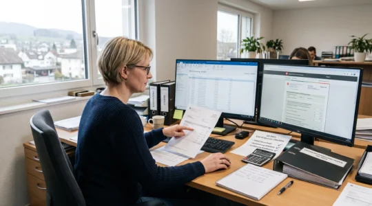 Eine Buchhaltungsmitarbeiterin vergleicht gedruckte Abstimmungsunterlagen mit den Umsatzsteuerdaten auf ihrem Bildschirm und bereitet die digitale Voranmeldung vor.