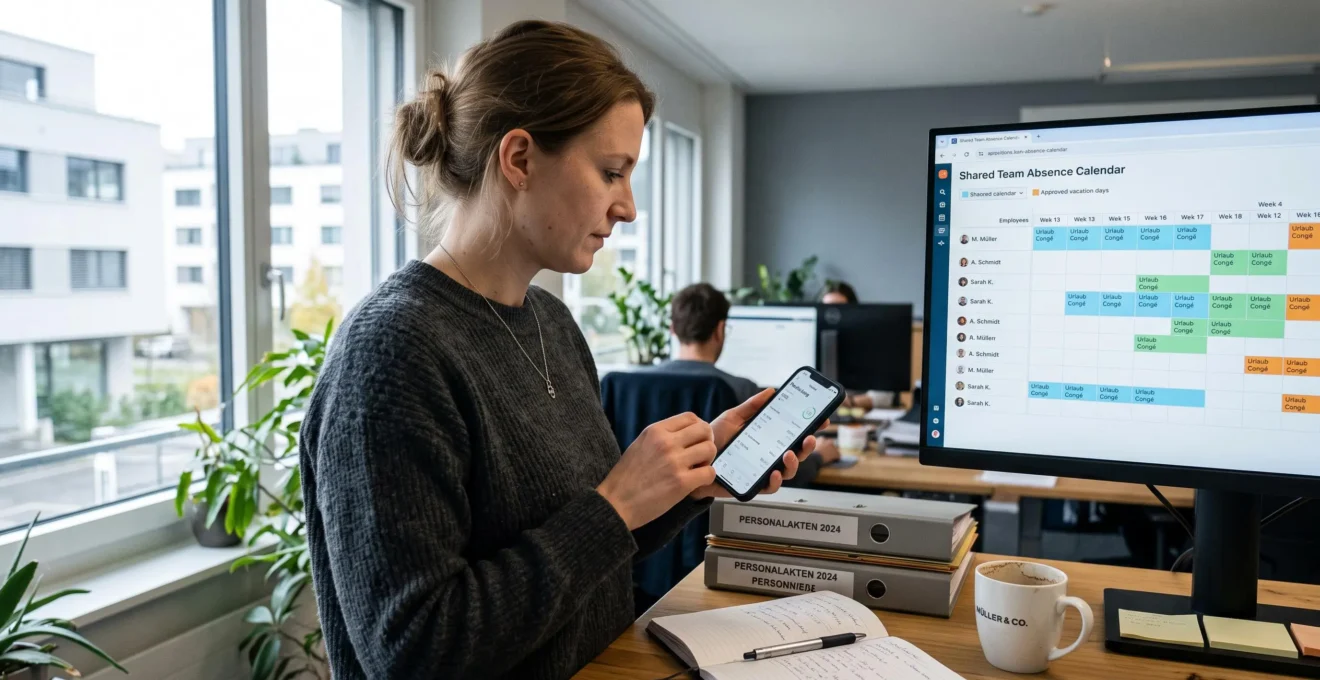 Eine Mitarbeiterin öffnet auf ihrem Smartphone eine Zeiterfassungs-App, während auf dem Desktop-Monitor daneben ein Abwesenheitskalender mit eingetragenen Ferientagen sichtbar ist.