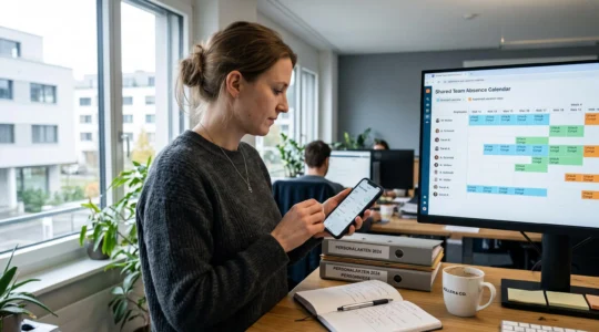 Eine Mitarbeiterin öffnet auf ihrem Smartphone eine Zeiterfassungs-App, während auf dem Desktop-Monitor daneben ein Abwesenheitskalender mit eingetragenen Ferientagen sichtbar ist.