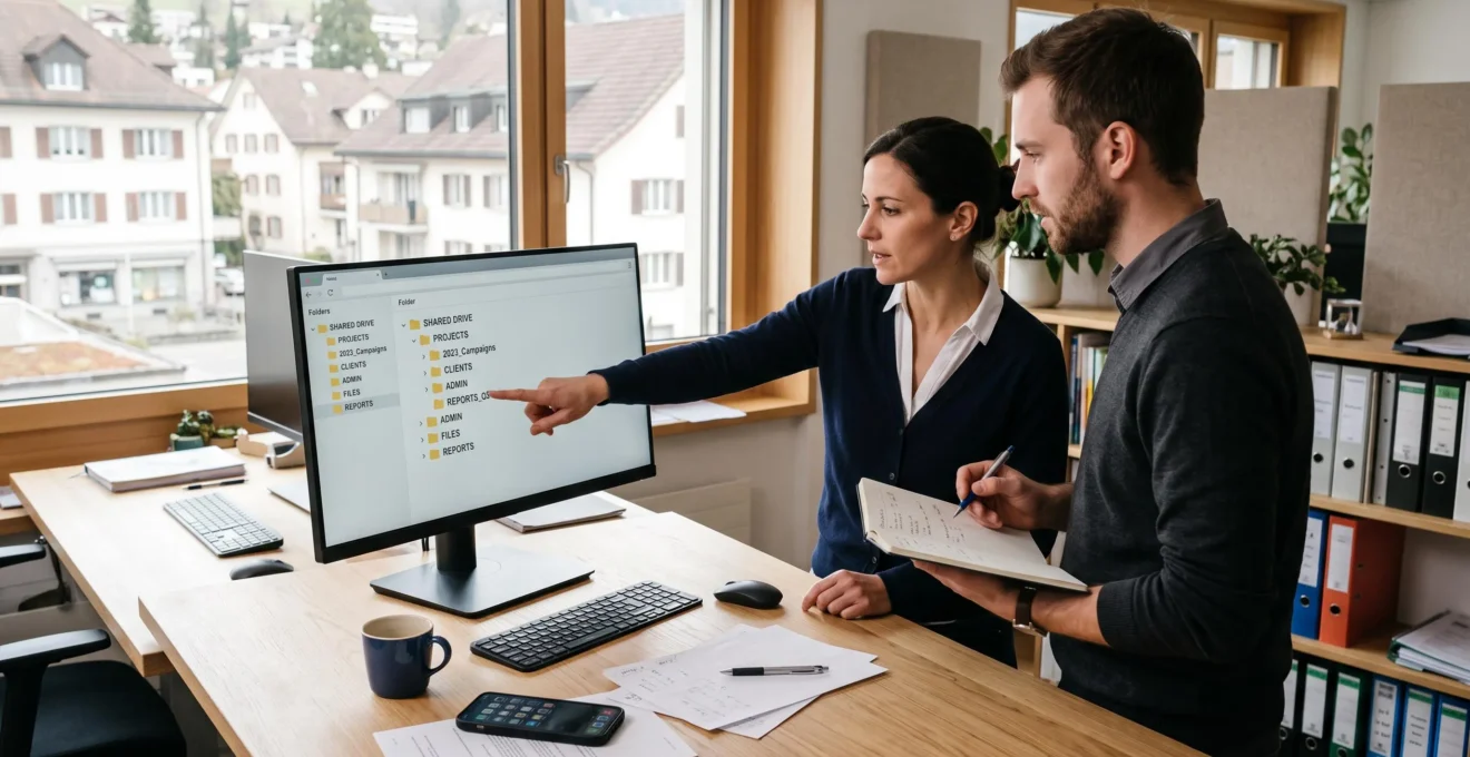 Zwei Mitarbeitende betrachten am Desktop-Monitor eine strukturierte Ordneransicht der zentralen Dokumentenablage im Büro eines Schweizer KMU.