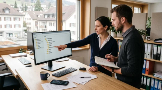 Zwei Mitarbeitende betrachten am Desktop-Monitor eine strukturierte Ordneransicht der zentralen Dokumentenablage im Büro eines Schweizer KMU.