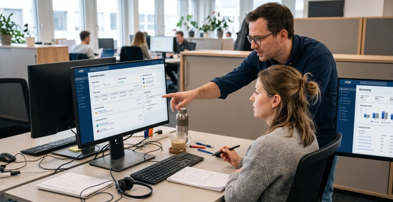 Eine Servicemitarbeiterin und ein Vertriebskollege besprechen am selben Arbeitsplatz einen zusammengeführten Kundendatensatz auf einem Bildschirm.