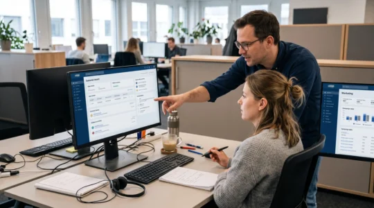 Eine Servicemitarbeiterin und ein Vertriebskollege besprechen am selben Arbeitsplatz einen zusammengeführten Kundendatensatz auf einem Bildschirm.