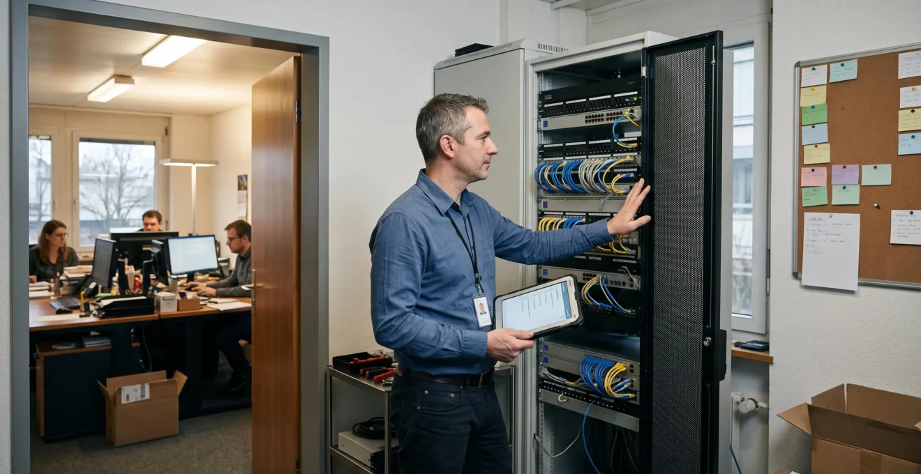 Ein IT-Verantwortlicher prüft in einem Bürogebäude ein Serverschränke-System mit einem Tablet, im Hintergrund ein Arbeitsbereich mit Mitarbeitenden.