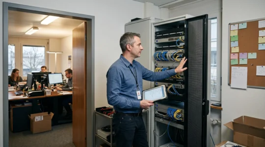 Ein IT-Verantwortlicher prüft in einem Bürogebäude ein Serverschränke-System mit einem Tablet, im Hintergrund ein Arbeitsbereich mit Mitarbeitenden.
